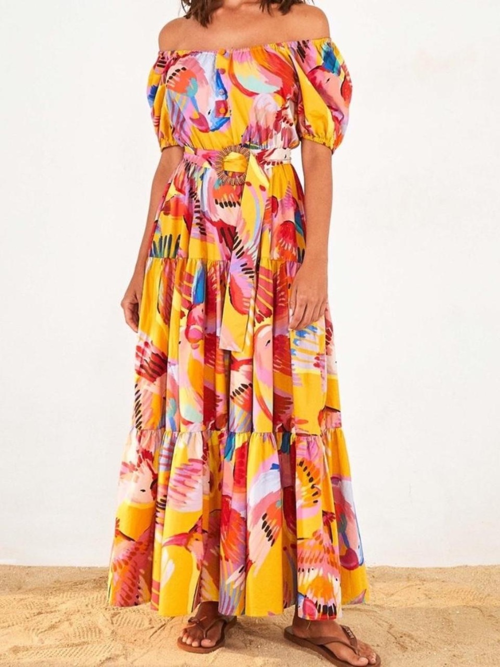 FARM Rio Yellow Multi-Color Off-Shoulder Maxi Dress size Medium EUC
